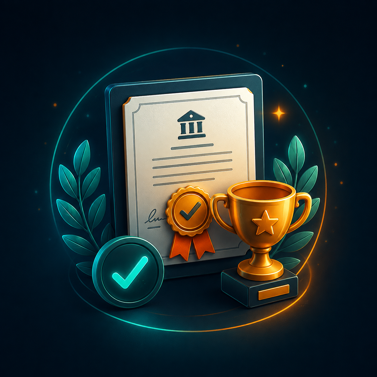 Certificado e troféu representando a aprovação